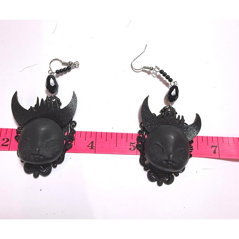 Black Gothic Doll Face Moon Horns Dangle Earrings Creepy Cute Dark Art Goth